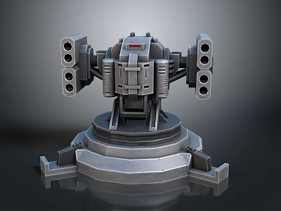 Mechanical Weapon Turret With Metal Structure Red Light And Cannon Barrels On Circular Base 3d model