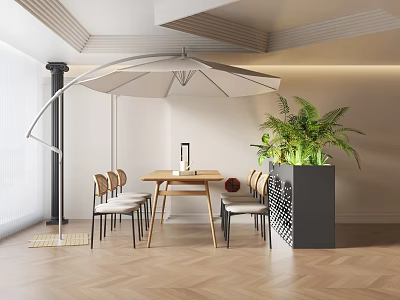 Modern Indoor Dining Table Set With Chairs Umbrella And Green Plants On Wooden Floor 3d model