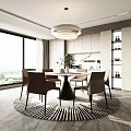 Modern Restaurant Interior With Round Dining Table Brown Chairs Pendant Light And Circular Rug