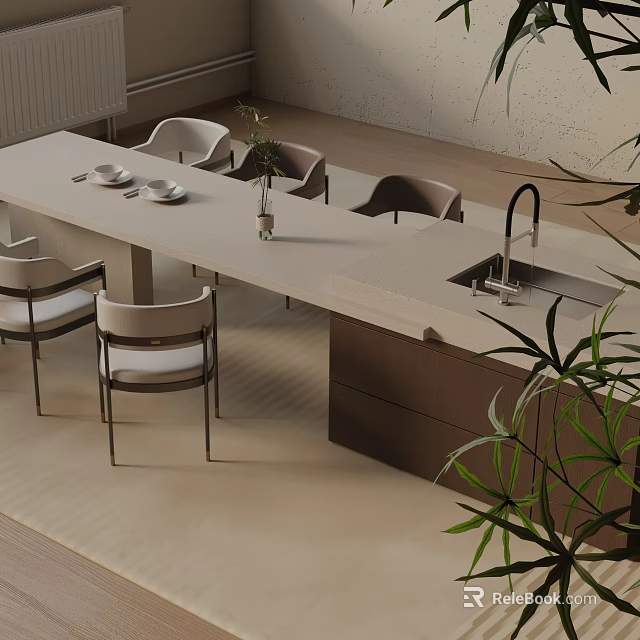 Modern Minimalist Dining Table Set With Concrete Top And Chairs In Kitchen Area 3d model 