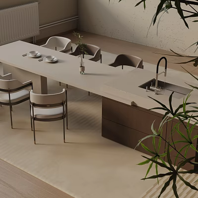 Modern Minimalist Dining Table Set With Concrete Top And Chairs In Kitchen Area 3d model