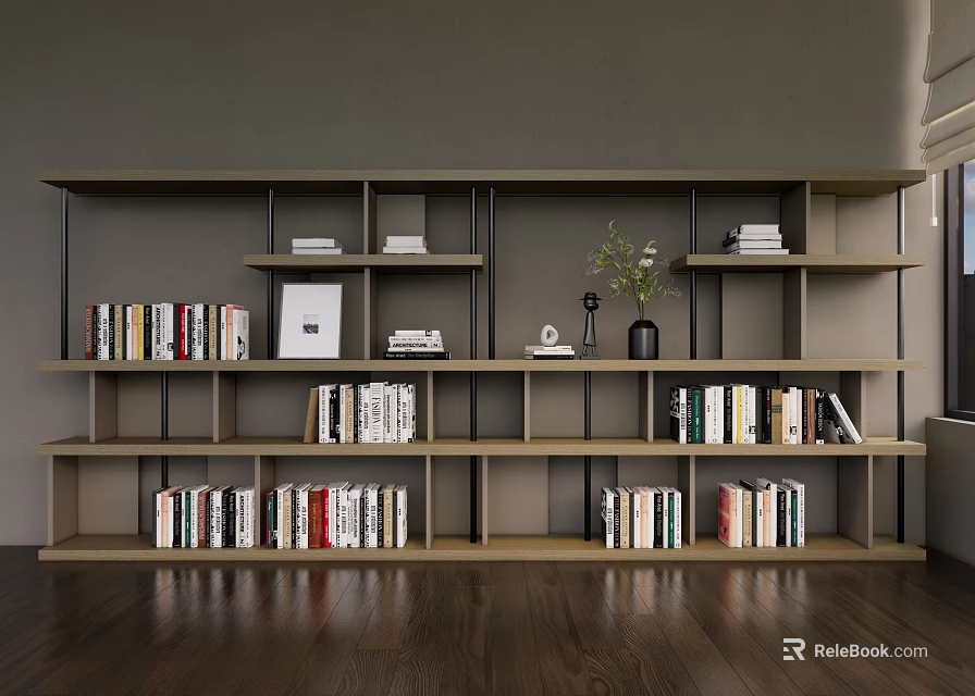 Modern Wooden Bookshelf With Open Shelves Filled With Books Decorative Vase And Photo Frame 3d model 