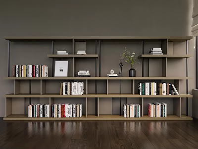 Modern Wooden Bookshelf With Open Shelves Filled With Books Decorative Vase And Photo Frame 3d model