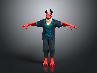 3D Demon Character With Red Skin Horns Blue Vest And Dark Pants Standing Arms Outstretched 3d model