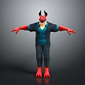 3D Demon Character With Red Skin Horns Blue Vest And Dark Pants Standing Arms Outstretched