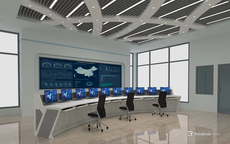 Modern Control Room With Large Screens Data Charts Map Multiple Monitors And Office Chairs 3d model