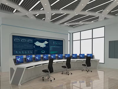 Modern Control Room With Large Screens Data Charts Map Multiple Monitors And Office Chairs 3d model