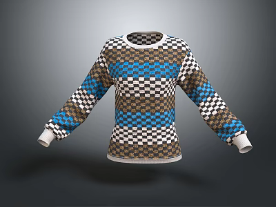 Colorful Patterned Sweater With Blue White Brown Checkerboard And Stripes Design 3d model