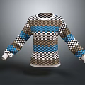 Colorful Patterned Sweater With Blue White Brown Checkerboard And Stripes Design