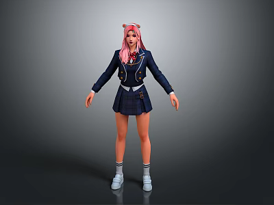 3D Character Model With Pink Hair Navy School Blazer Pleated Skirt White Socks And Shoes 3d model