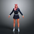 3D Character Model With Pink Hair Navy School Blazer Pleated Skirt White Socks And Shoes