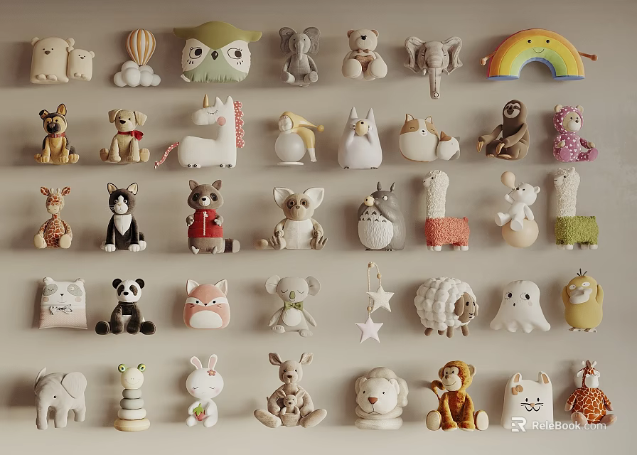 Assorted Cute Animal Shaped Stuffed Toys With Rainbow Decor On 3d model