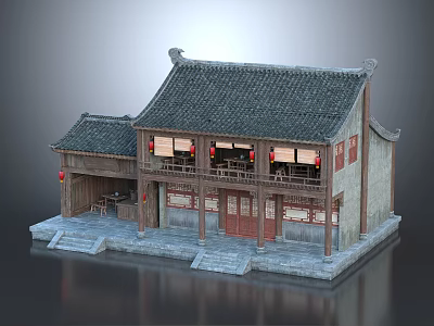 Ancient Chinese Architecture With Two Story Tile Roof Red Lanterns Wooden Doors And Windows 3d model