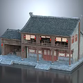 Ancient Chinese Architecture With Two Story Tile Roof Red Lanterns Wooden Doors And Windows
