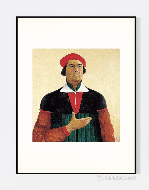 Classical Portrait Painting of Man With Red Hat Black Green Attire And White Collar 3d model 