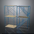 Modern Blue Metal Frame Storage Furniture With Multiple Wooden Platforms And Stairs