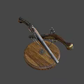 Vintage Crossed Pistols Display On Wooden Base With Metal And Carved Wooden Components