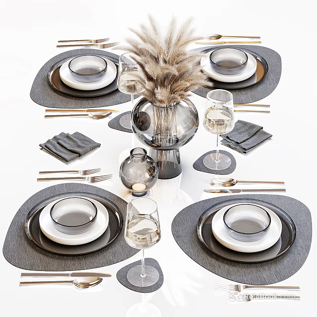 Modern Gray Tableware Set With Plates Bowls Wine Glasses Napkins And Decorative Vase 3d model 