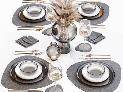 Modern Gray Tableware Set With Plates Bowls Wine Glasses Napkins And Decorative Vase 3d model
