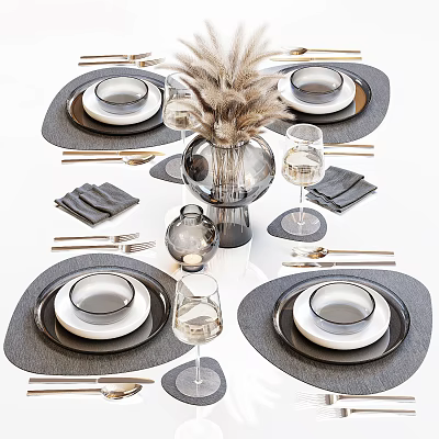Modern Gray Tableware Set With Plates Bowls Wine Glasses Napkins And Decorative Vase 3d model
