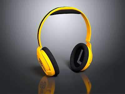 Yellow Over Ear Headphones With Black Ear Cushions Headband L Label And Reflection 3d model