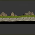 Ancient Village Model Featuring Multiple Thatched Roof Cottages On Green Grassy Area
