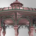 Ornate Copper Colored Gazebo With Intricate Top Structure And Green Decorative Columns