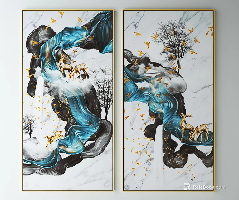 Decorative Paintings With Blue Black Flowing Patterns Golden Birds Deer And Trees On White Background 3d model 