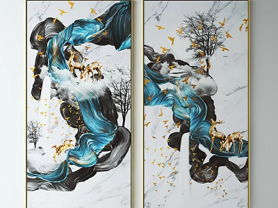 Decorative Paintings With Blue Black Flowing Patterns Golden Birds Deer And Trees On White Background 3d model