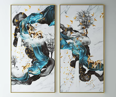 Decorative Paintings With Blue Black Flowing Patterns Golden Birds Deer And Trees On White Background 3d model