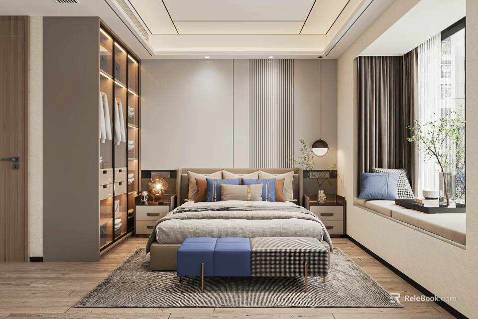 Modern Bedroom Interior Design Featuring Open Wardrobe Multiple Pillows Bedside Lamp Window Seat Area Rug 3d model