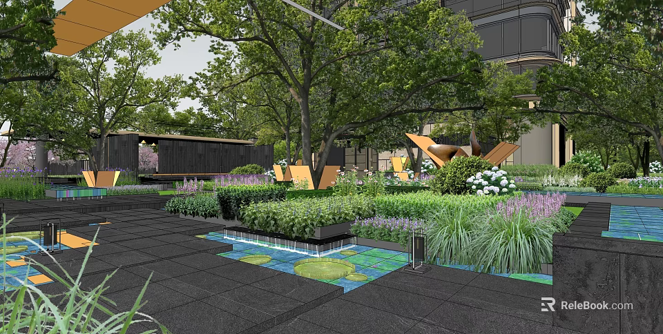 Modern Residential Landscape With Lush Trees Greenery Water Feature Flower Beds And Paved Area 3d model 