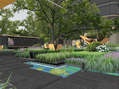 Modern Residential Landscape With Lush Trees Greenery Water Feature Flower Beds And Paved Area 3d model