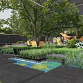 Modern Residential Landscape With Lush Trees Greenery Water Feature Flower Beds And Paved Area