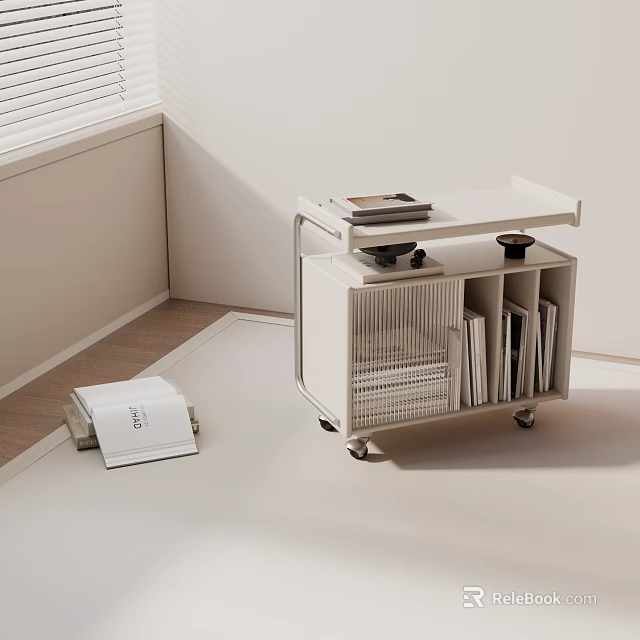White Modern Entryway Side Cabinet With Wheels Storage And Top Magazines 3d model 