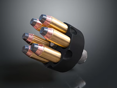 Black Revolver Cylinder Loaded With Golden Bullets On Dark Background 3d model