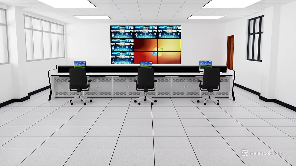Spacious Monitoring Room With Multiple Monitor Screens Control Desk And Black Chairs 3d model 