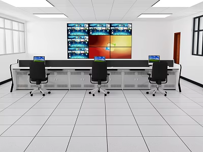 Spacious Monitoring Room With Multiple Monitor Screens Control Desk And Black Chairs 3d model