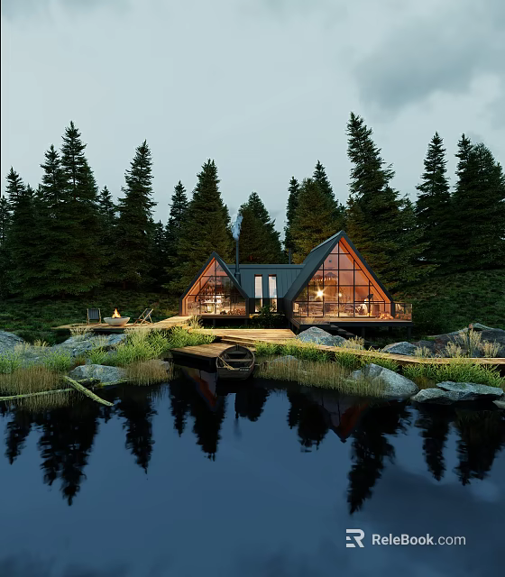 Detached Villa in Forest with Pond Small Boat Triangular Roof Glass Walls and Wooden Walkway 3d model 