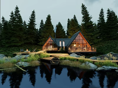 Detached Villa in Forest with Pond Small Boat Triangular Roof Glass Walls and Wooden Walkway 3d model