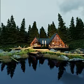 Detached Villa in Forest with Pond Small Boat Triangular Roof Glass Walls and Wooden Walkway