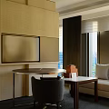 Modern Round Table And Black Chair With Small Table Stacked Boxes Near Window City View