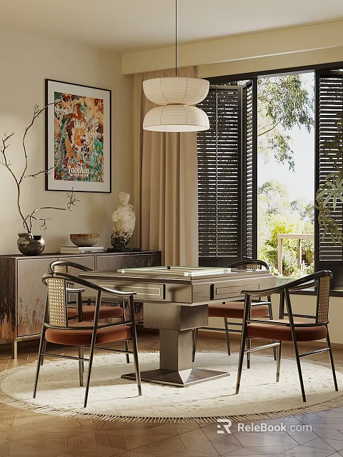 Stylish Entertainment Table with Rattan Back Chairs Orange Cushions Wall Painting and Green Plants 3d model 