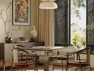 Stylish Entertainment Table with Rattan Back Chairs Orange Cushions Wall Painting and Green Plants 3d model
