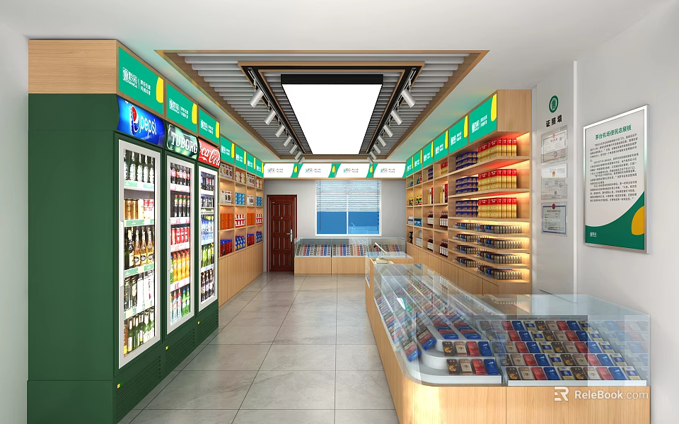 Tobacco and Liquor Store Interior With Green Wooden Shelves And Glass Display Cases 3d model 