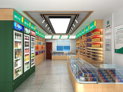 Tobacco and Liquor Store Interior With Green Wooden Shelves And Glass Display Cases 3d model