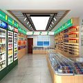 Tobacco and Liquor Store Interior With Green Wooden Shelves And Glass Display Cases