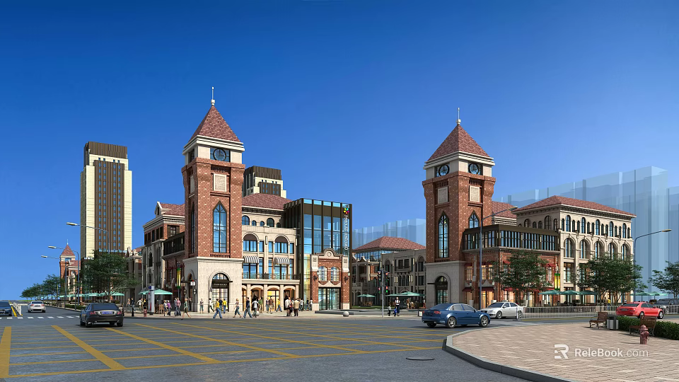Commercial Street Red Brick Buildings With Clock Towers Glass Facades Pedestrians Cars And Blue Sky 3d model 