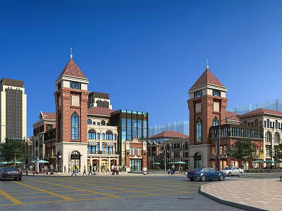 Commercial Street Red Brick Buildings With Clock Towers Glass Facades Pedestrians Cars And Blue Sky 3d model