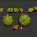 3D Rendered Green Cacti With Various Sizes Shapes Small Pink Decorations Gray Background Glossy Surface